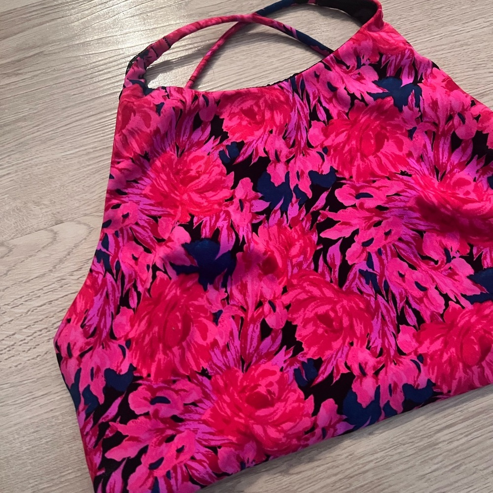 Floral Pink and Blue Women's Sports Bra - Picture 3 of 7